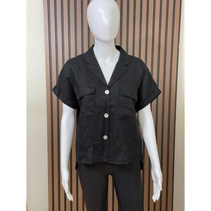 Tahari Women's M Black Button-Up 100% Linen Cropped Shirt Notch Lapel Utility